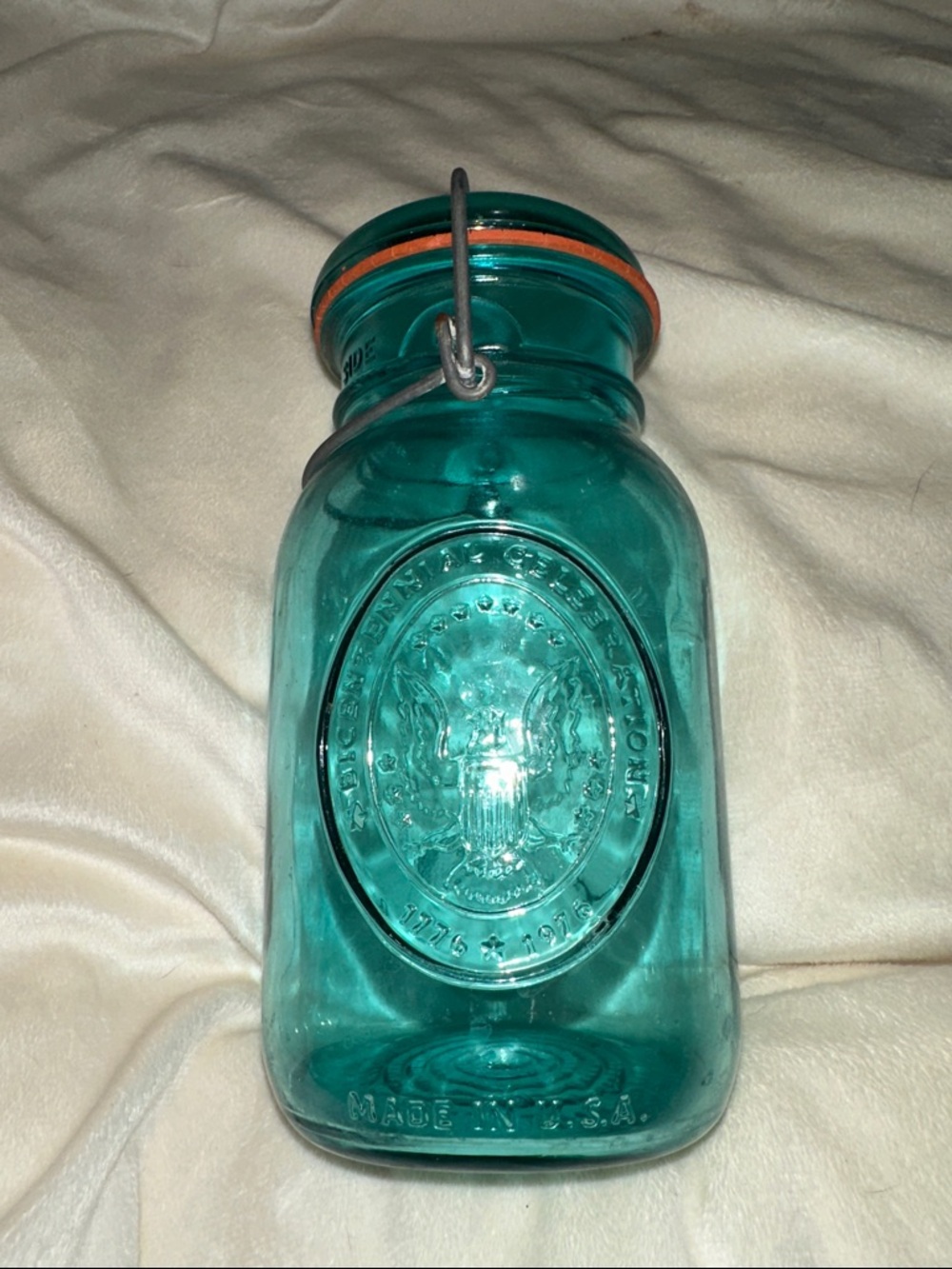 Aqua Vintage Aqua Blue Atlas Mason Jar w/ Bail Lid – Embossed, USA